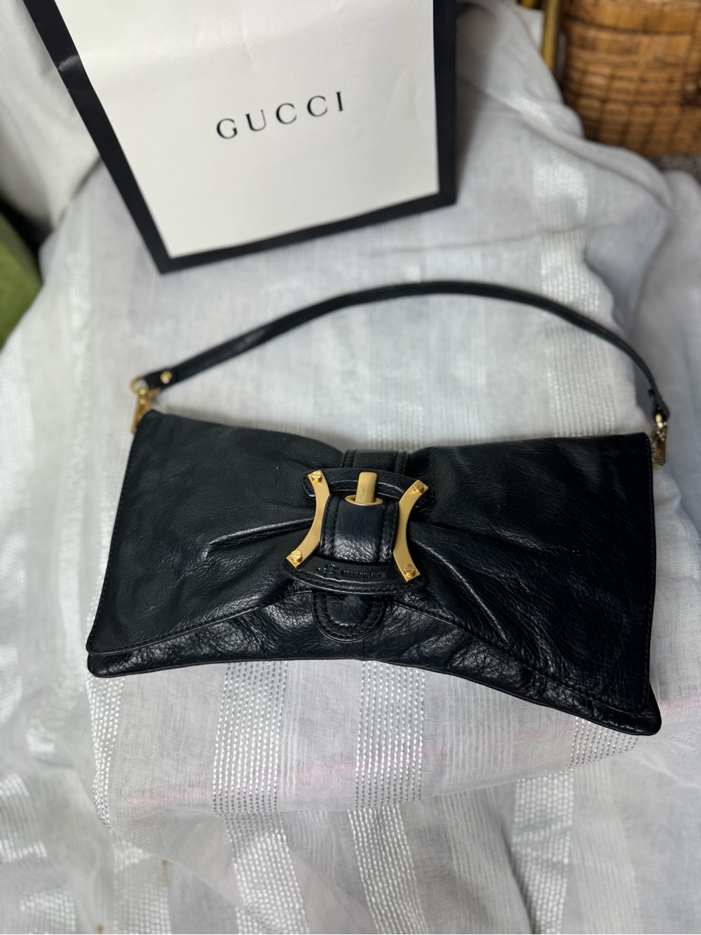Vintage Y2K 90s Black Leather Shoulder Bag with Gold Hardware B. Makowsky clutch